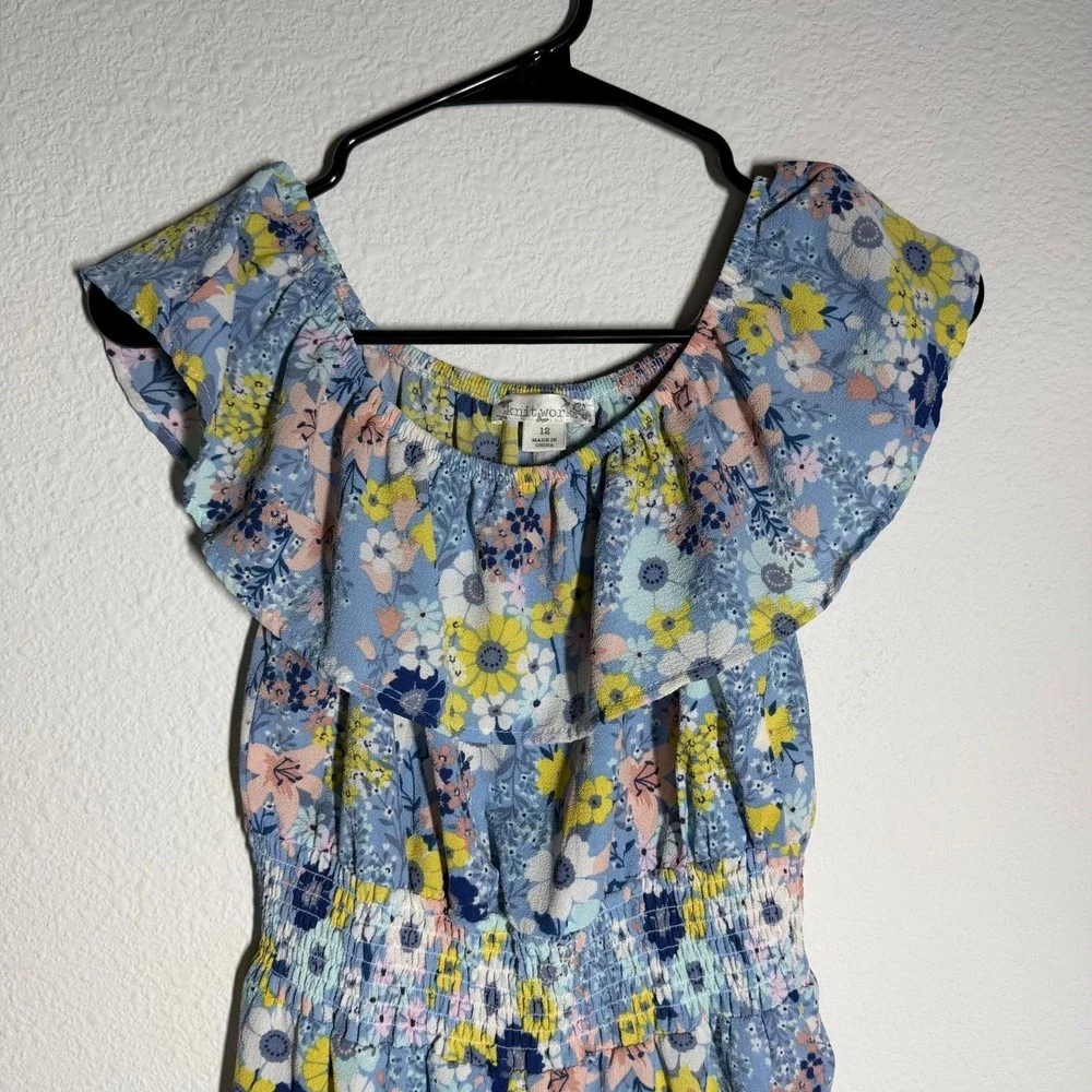 Knit Works Romper Girls 12 Blue Floral Ruffle Smocked Off The Shoulder One Piece